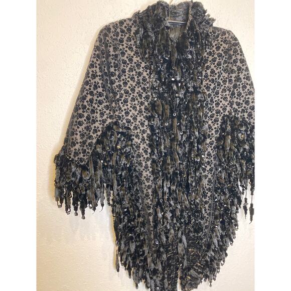 Black Chenille Velvet Beaded Shawl Vintage OS Soft Costume Lined Women’s Fancy - Picture 3 of 13